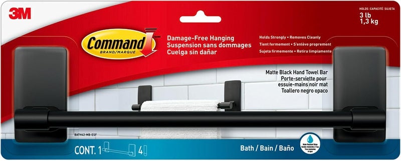 Command Hand Towel Bar Matte Black with Water Resistant Strips, Bathroom Decor, 9 in Bar Length Holds up to 3 lbs - Image 2